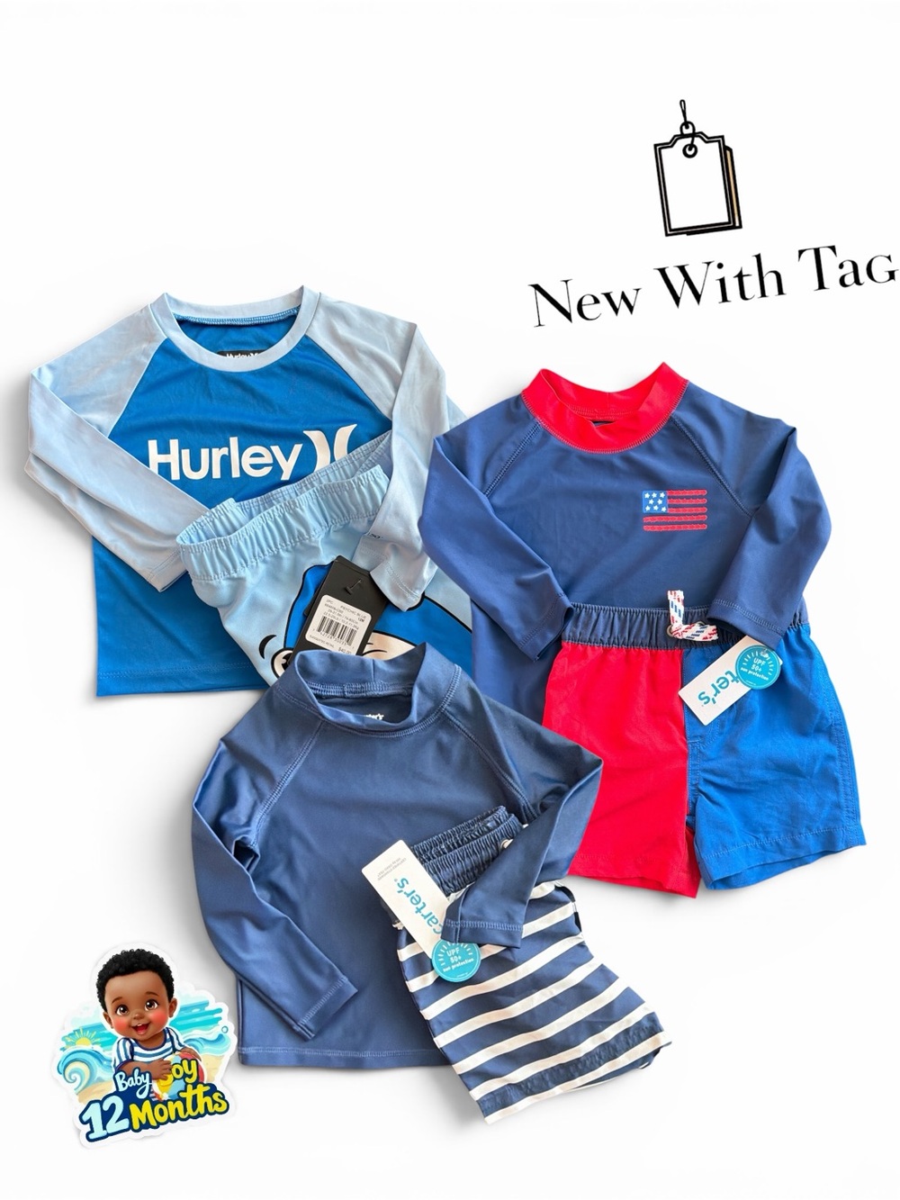 Hurley/Carter Baby Boy 12  Months Swimsuit Pool Beach Bundle Set.